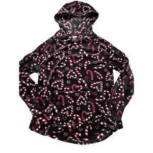 No Boundaries Womens XL Black & Red Heart Candy Cane Super Soft Hooded Sweater
